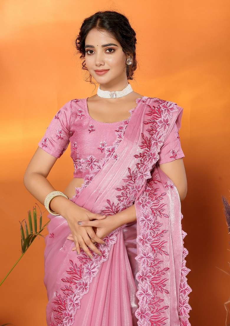 Pink Embroidery Jimmy Choo Saree Set - Indya