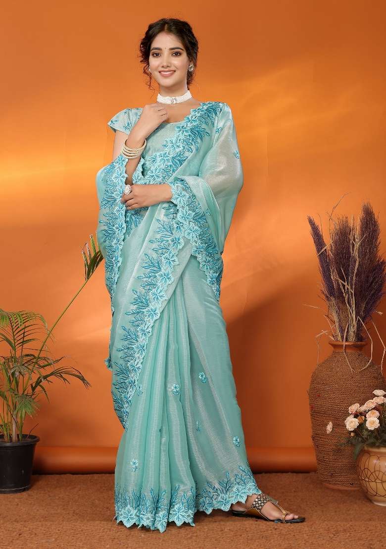 Blue Embroidery Jimmy Choo Saree Set - Indya