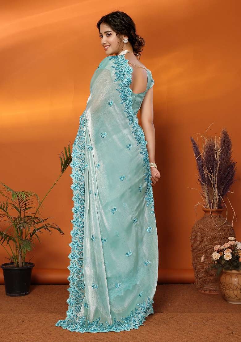 Blue Embroidery Jimmy Choo Saree Set - Indya