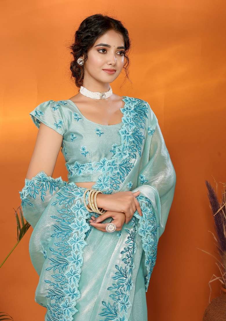 Blue Embroidery Jimmy Choo Saree Set - Indya