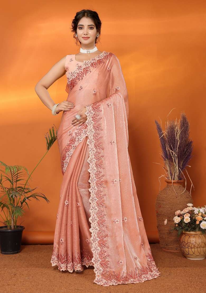 Orange Embroidery Jimmy Choo Saree Set - Indya