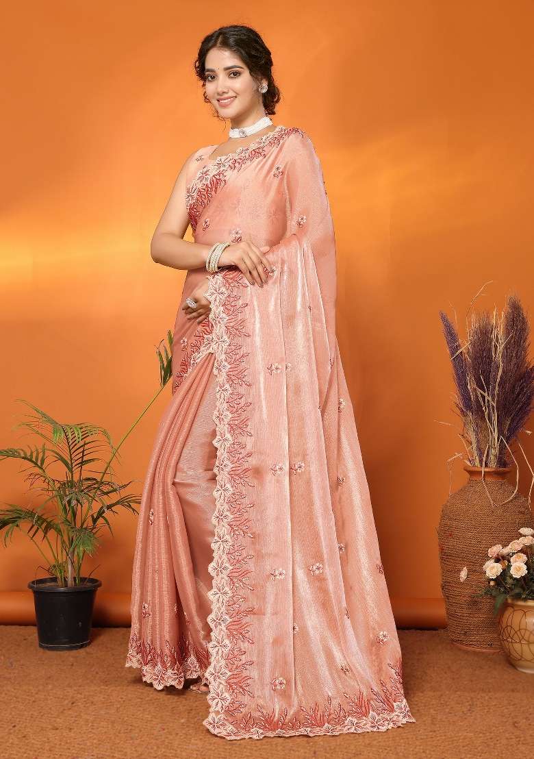 Orange Embroidery Jimmy Choo Saree Set - Indya