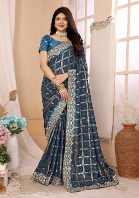 Blue Lace Work Silk Saree Set