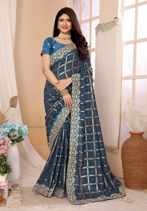 Blue Lace Work Silk Saree Set