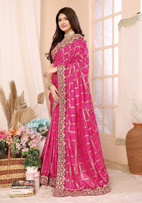Pink Lace Work Silk Saree Set