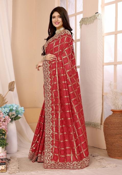Red Lace Work Silk Saree Set