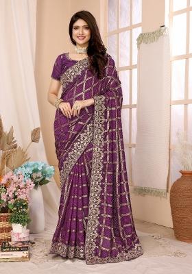 Wine Lace Work Silk Saree Set