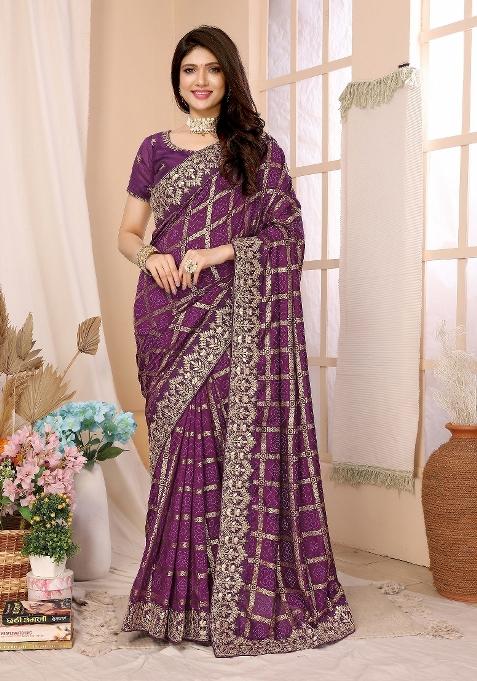 Wine Lace Work Silk Saree Set