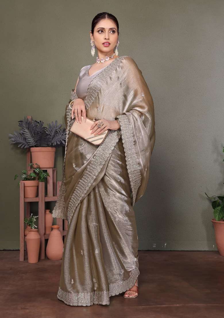 Grey Embroidery Jimmy Choo Saree Set - Indya