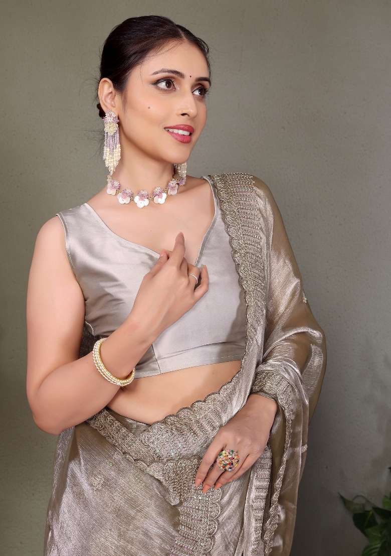 Grey Embroidery Jimmy Choo Saree Set - Indya