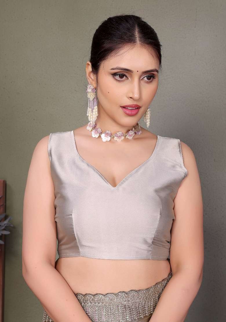 Grey Embroidery Jimmy Choo Saree Set - Indya