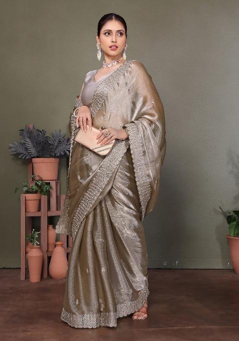 Grey Embroidery Jimmy Choo Saree Set