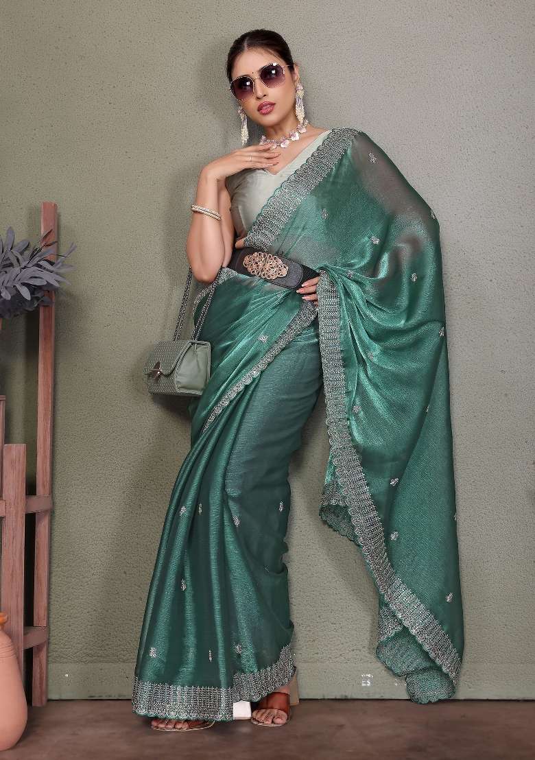 Rama Embroidery Jimmy Choo Saree Set - Indya