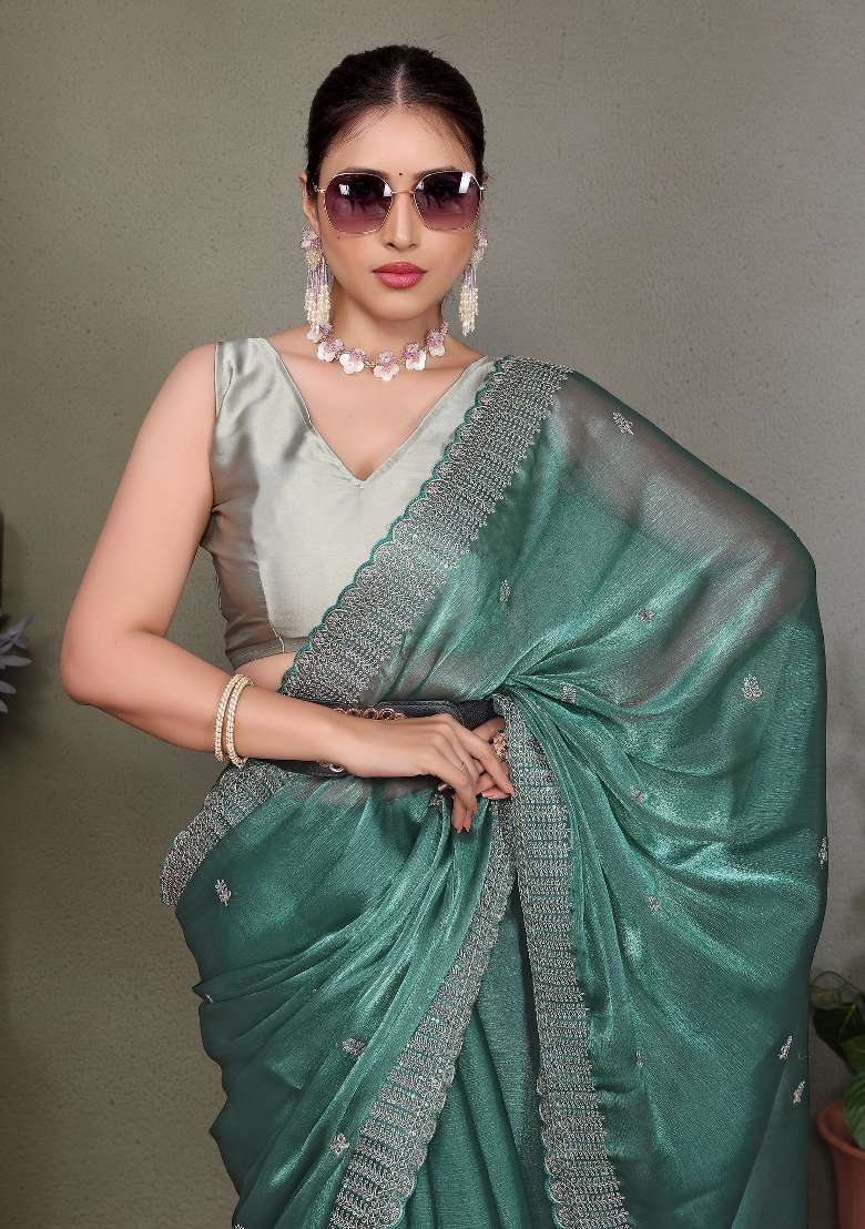 Rama Embroidery Jimmy Choo Saree Set - Indya
