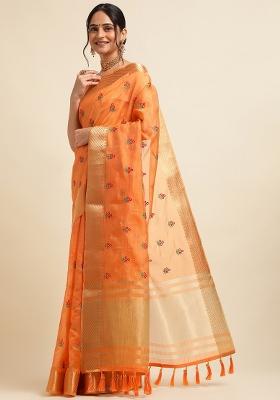 Orange Embroidery Cotton Saree Set