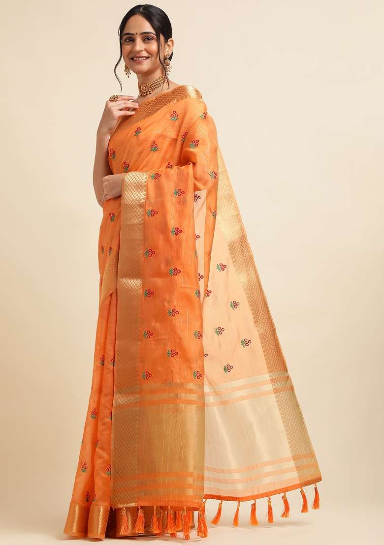 Orange Embroidery Cotton Saree Set - Indya
