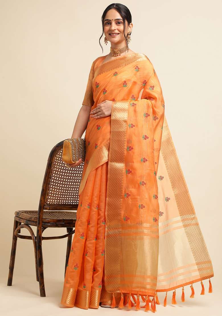 Orange Embroidery Cotton Saree Set - Indya