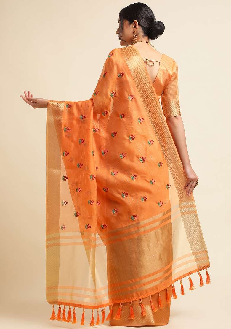 Orange Embroidery Cotton Saree Set - Indya