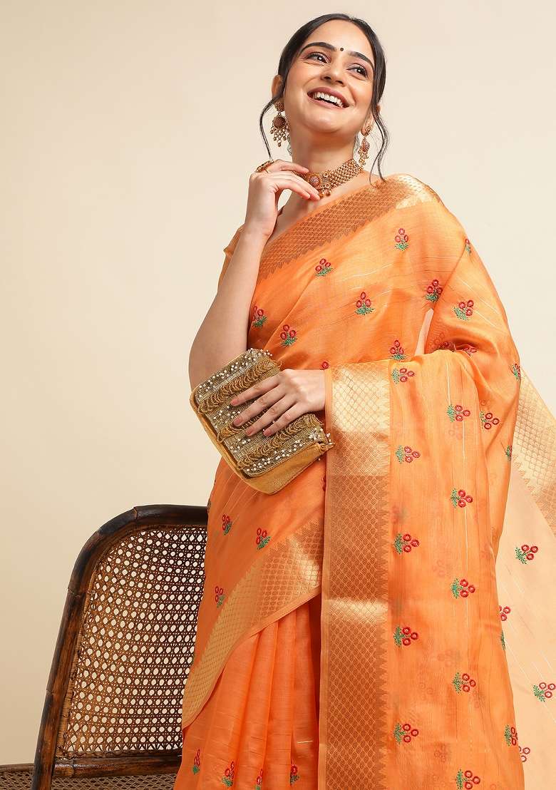 Orange Embroidery Cotton Saree Set - Indya