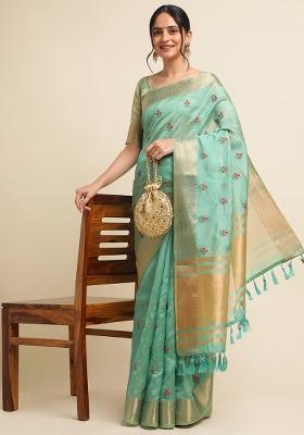 Rama Embroidery Cotton Saree Set