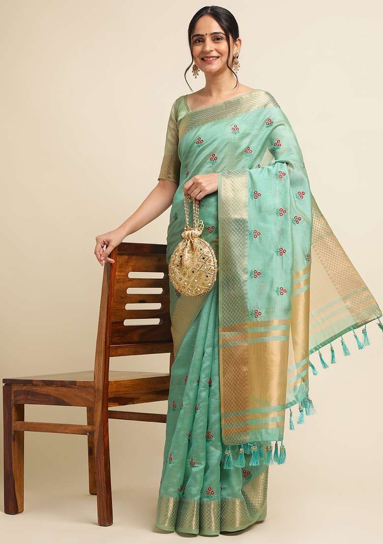Rama Embroidery Cotton Saree Set - Indya