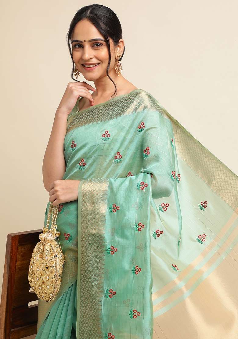 Rama Embroidery Cotton Saree Set - Indya