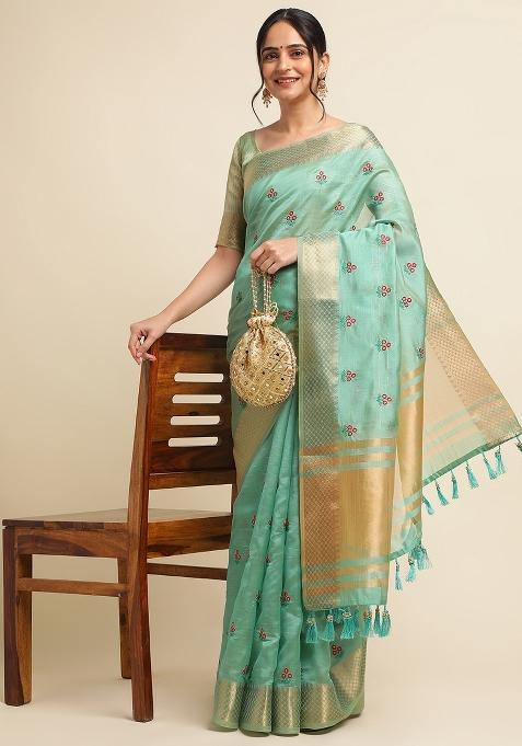 Rama Embroidery Cotton Saree Set