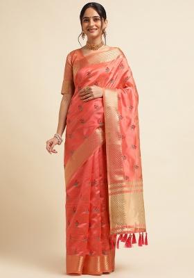 Red Embroidery Cotton Saree Set