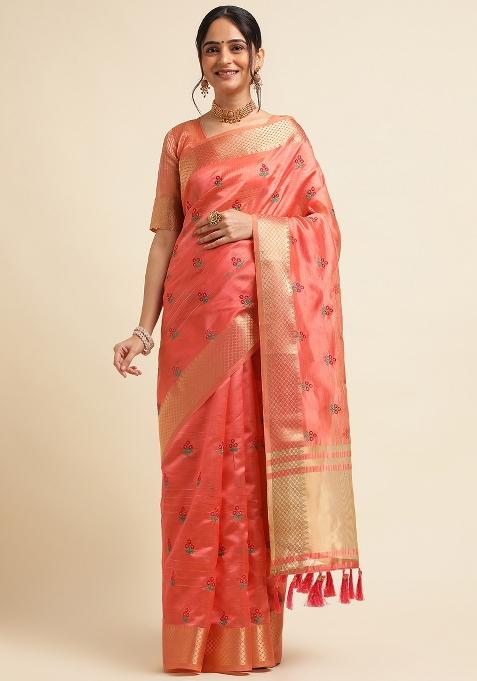 Red Embroidery Cotton Saree Set