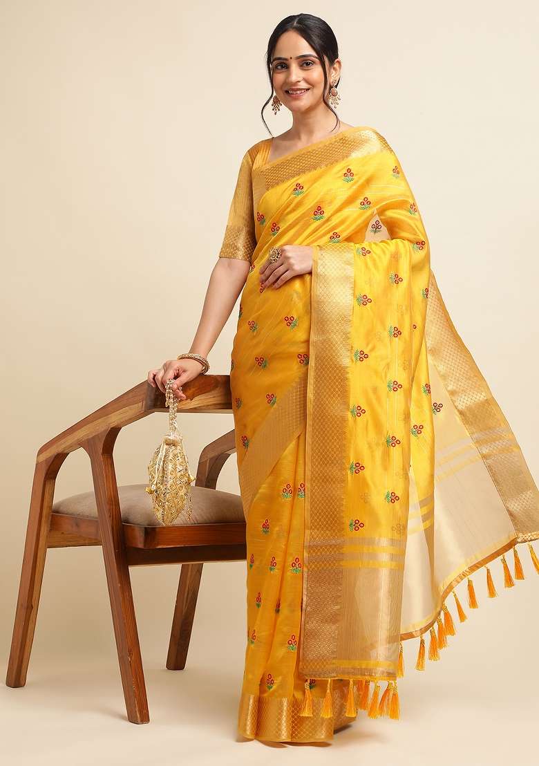 Yellow Embroidery Cotton Saree Set - Indya