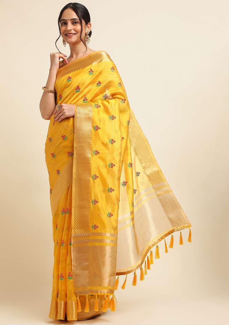 Yellow Embroidery Cotton Saree Set - Indya