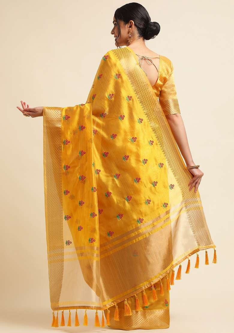 Yellow Embroidery Cotton Saree Set - Indya