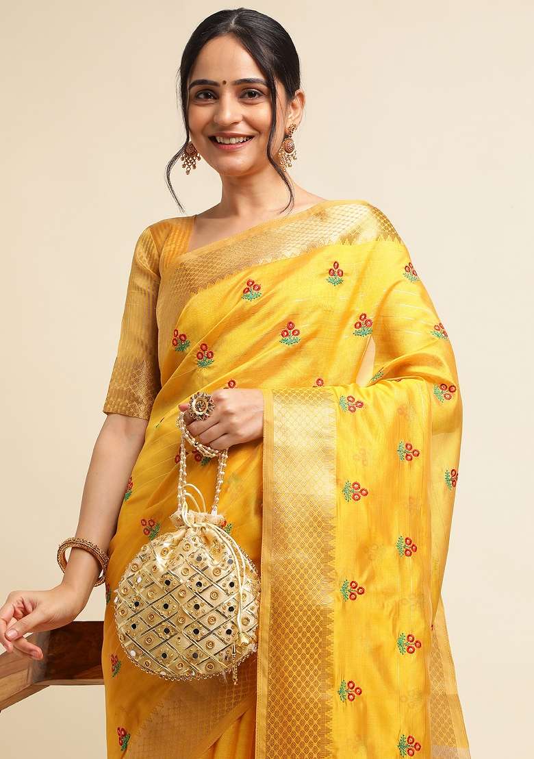 Yellow Embroidery Cotton Saree Set - Indya