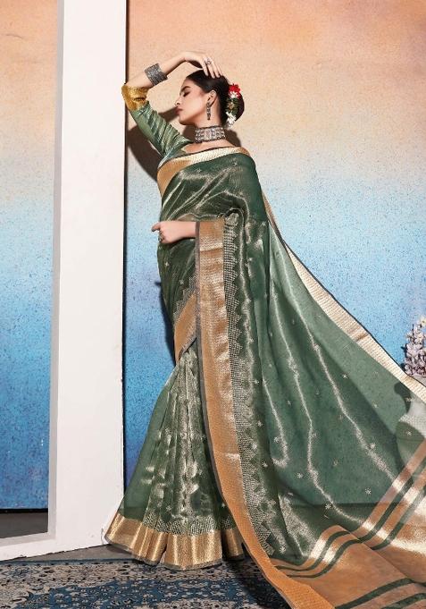 Green Embroidery Silk Saree Set