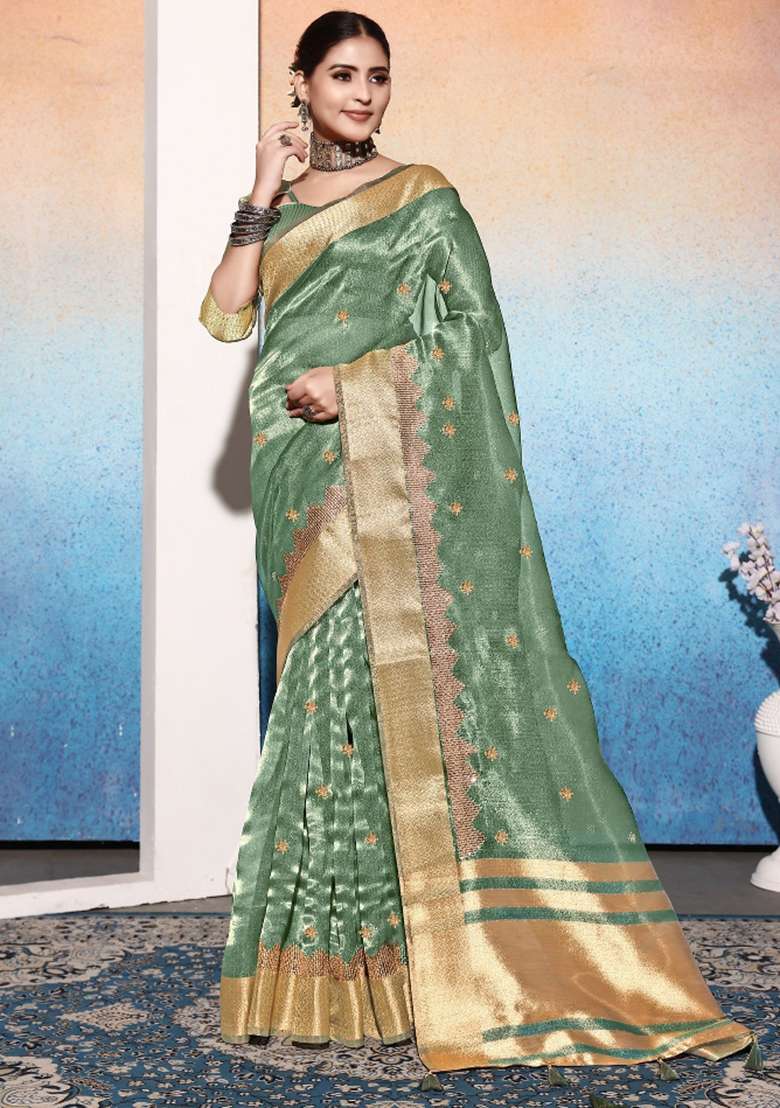 Sea Green Embroidery Silk Saree Set - Indya