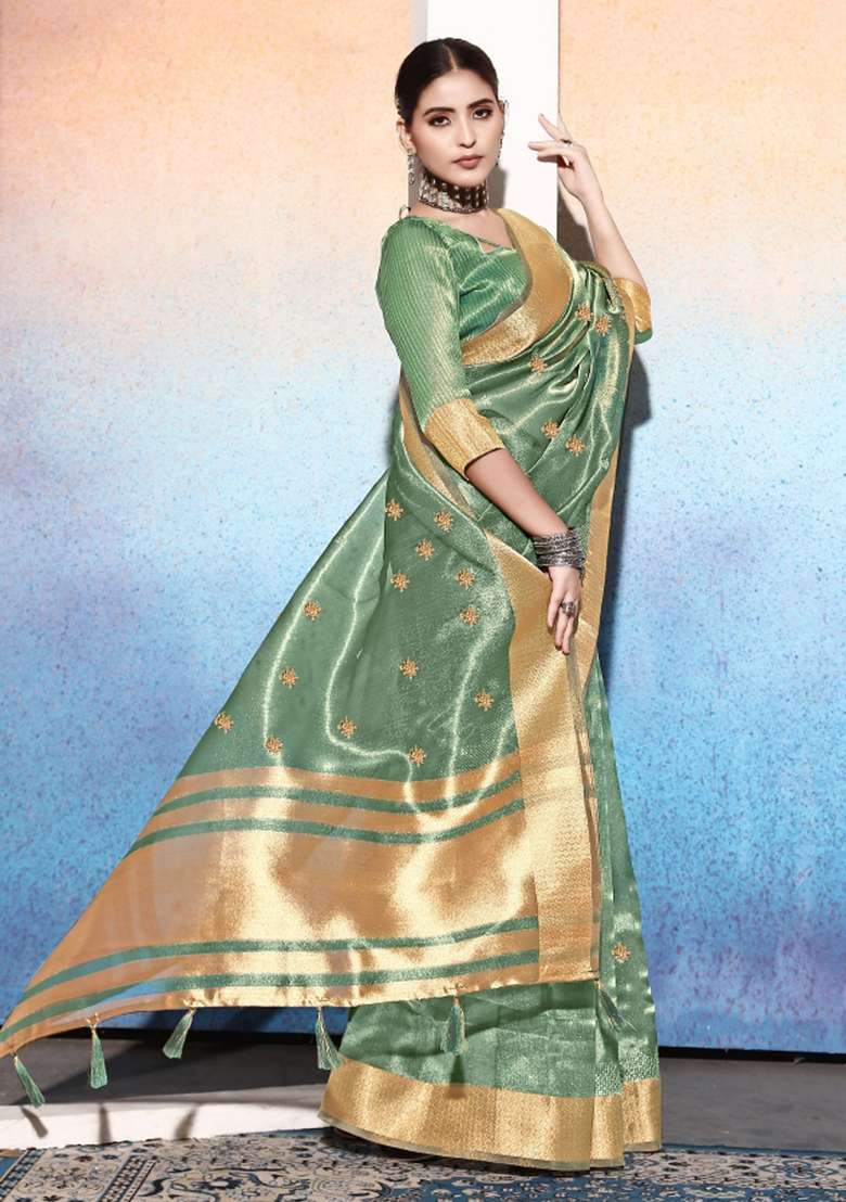 Sea Green Embroidery Silk Saree Set - Indya