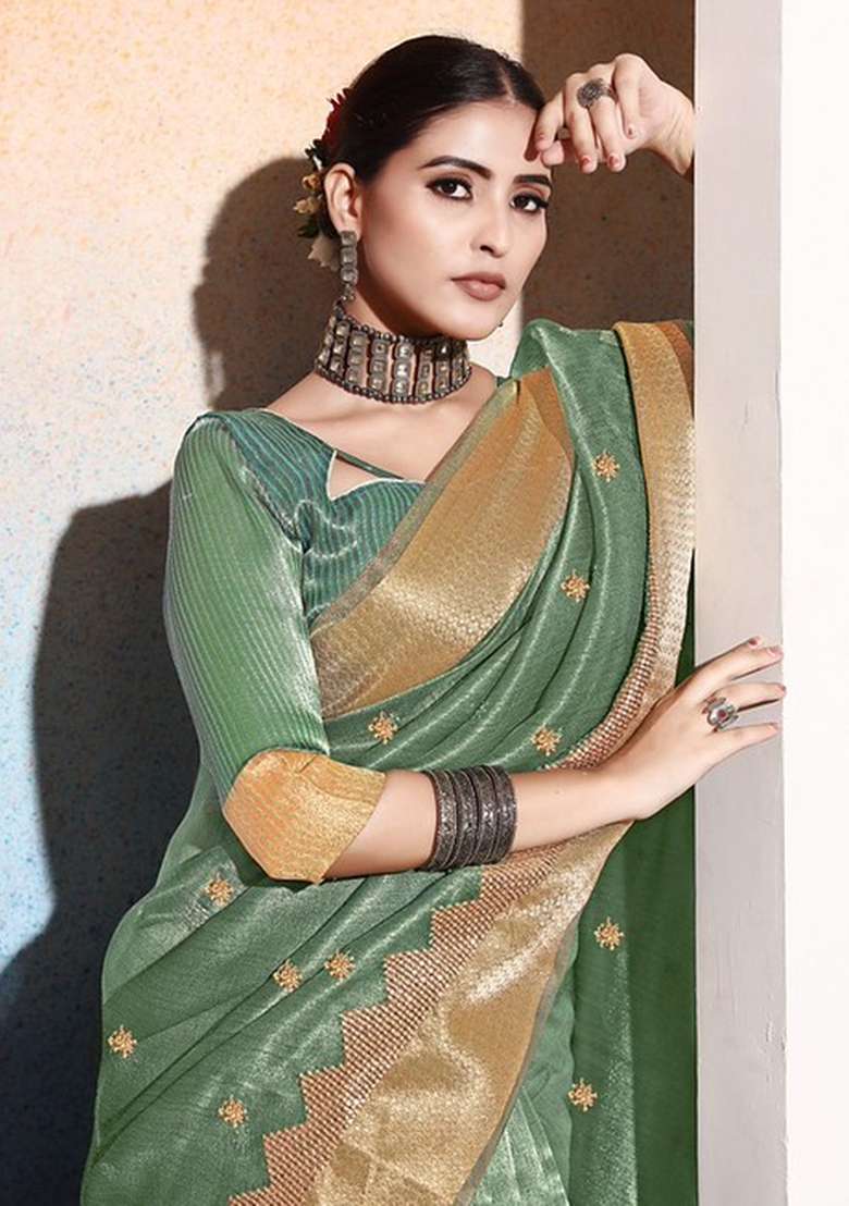 Sea Green Embroidery Silk Saree Set - Indya