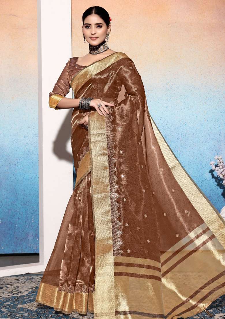 Brown Embroidery Silk Saree Set - Indya
