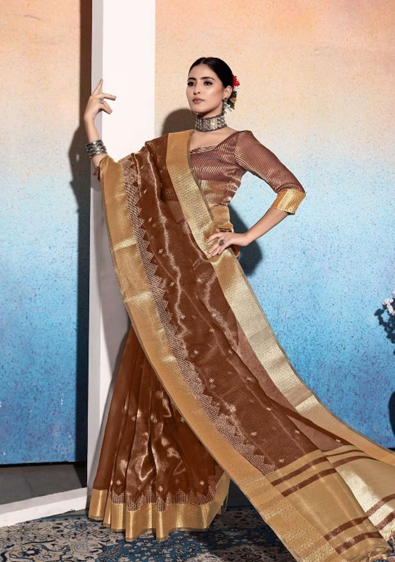 Brown Embroidery Silk Saree Set - Indya