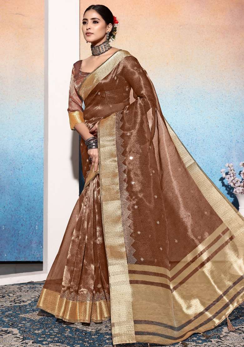Brown Embroidery Silk Saree Set - Indya