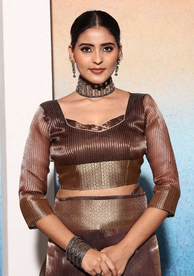 Brown Embroidery Silk Saree Set - Indya