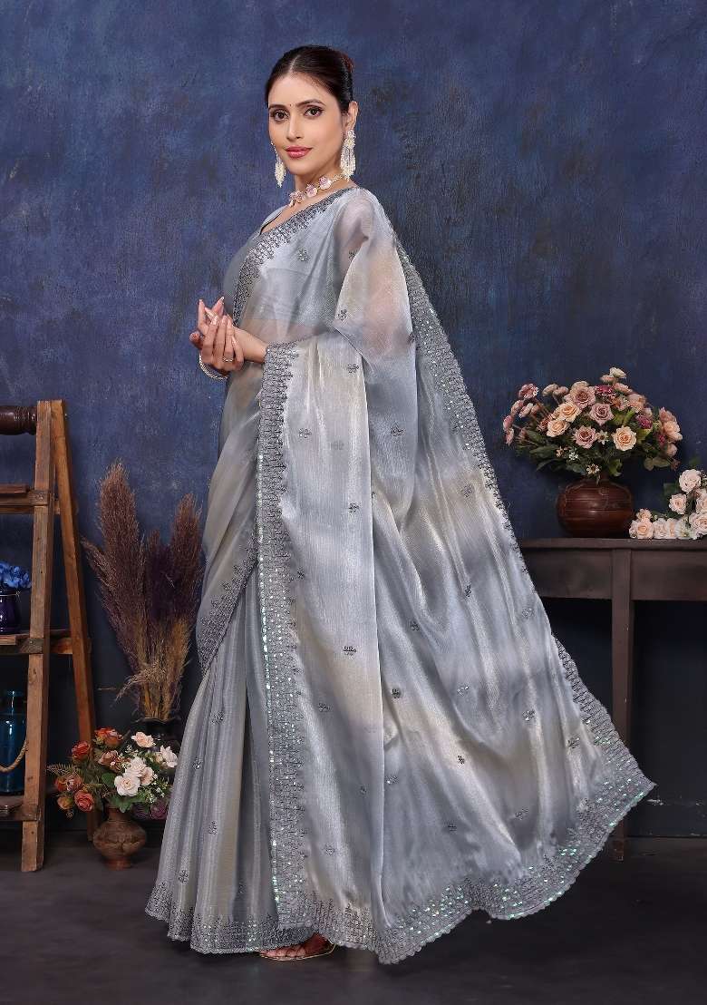 Grey Embroidery Jimmy Choo Saree Set - Indya