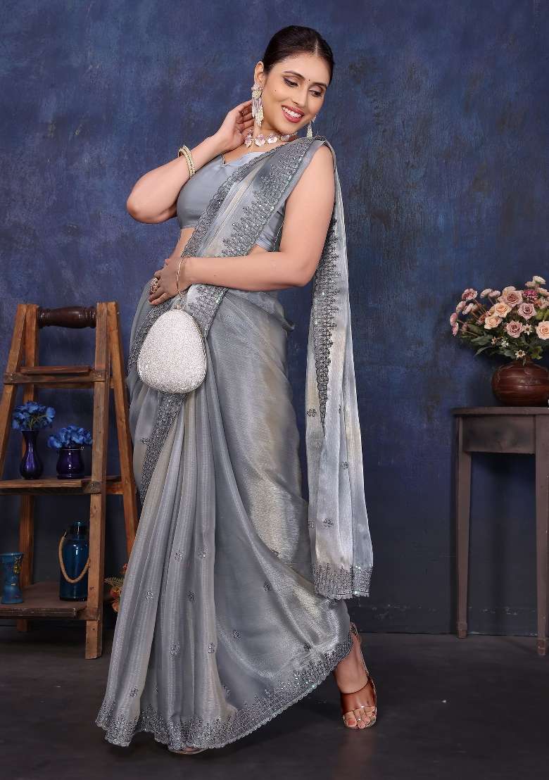 Grey Embroidery Jimmy Choo Saree Set - Indya