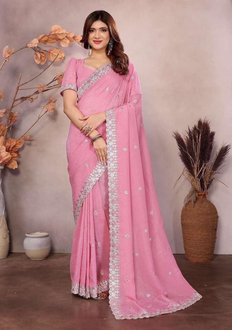 Pink Embroidery Jimmy Choo Saree Set - Indya