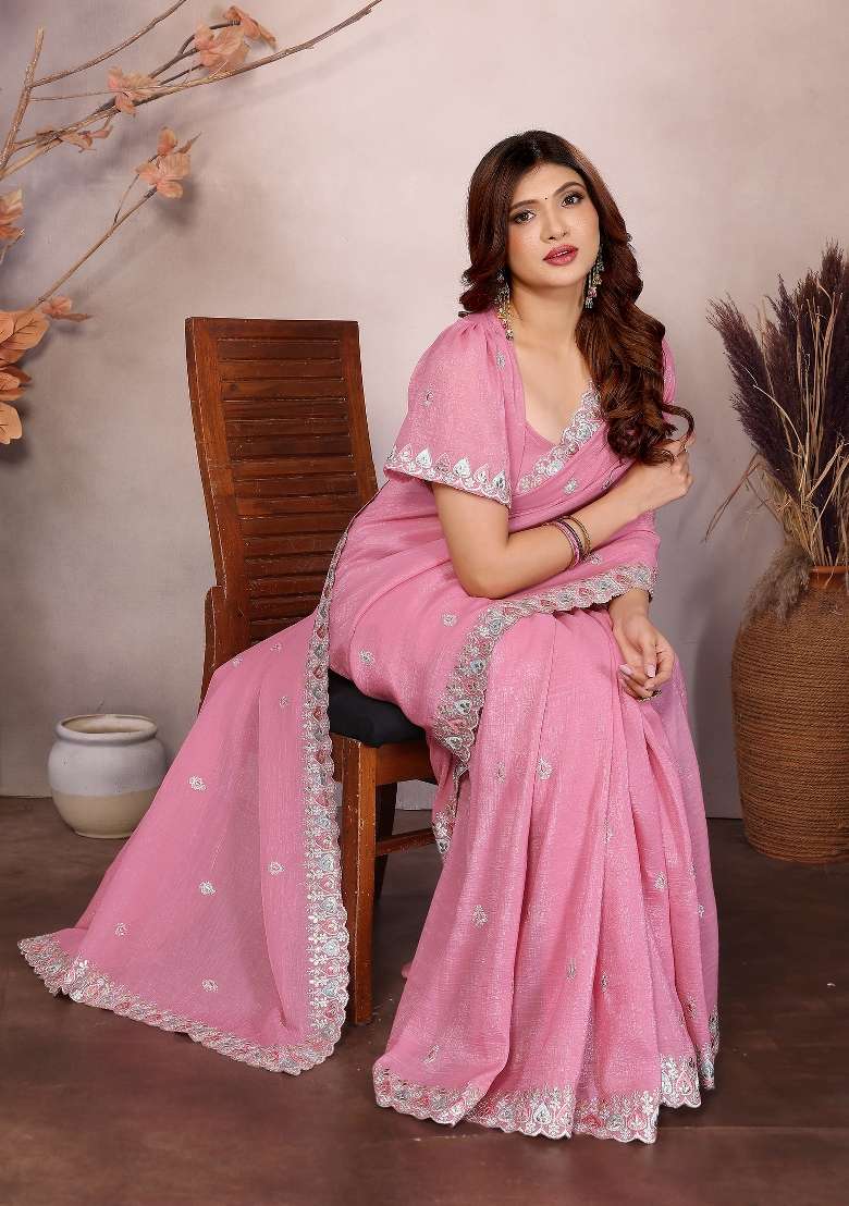 Pink Embroidery Jimmy Choo Saree Set - Indya
