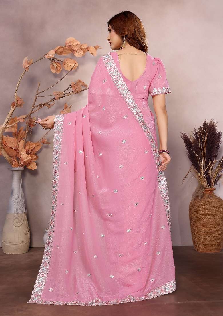 Pink Embroidery Jimmy Choo Saree Set - Indya