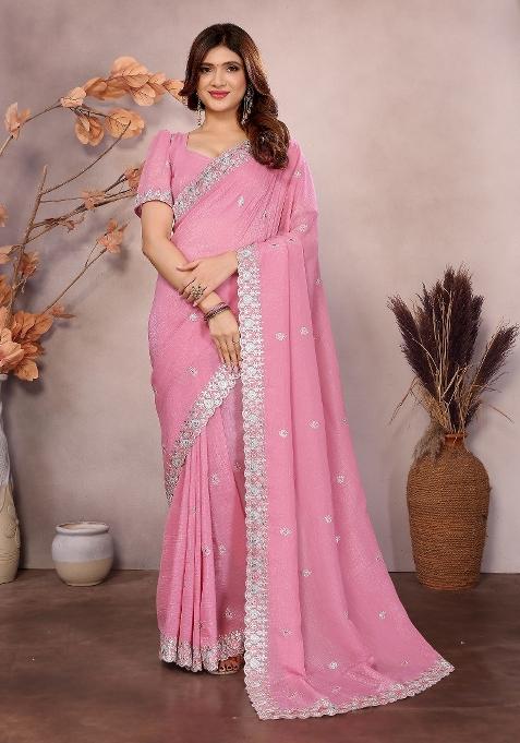 Pink Embroidery Jimmy Choo Saree Set