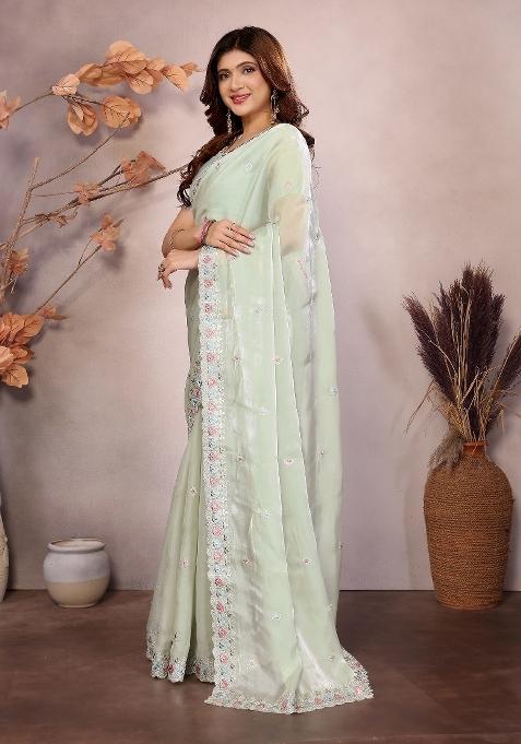 Pista Green Embroidery Jimmy Choo Saree Set