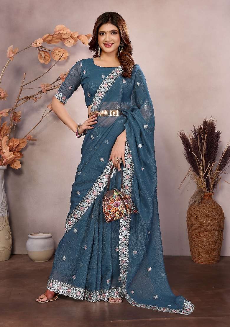 Blue Embroidery Jimmy Choo Saree Set - Indya