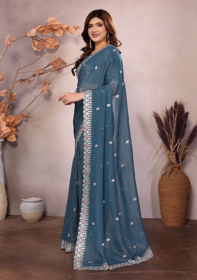 Blue Embroidery Jimmy Choo Saree Set - Indya